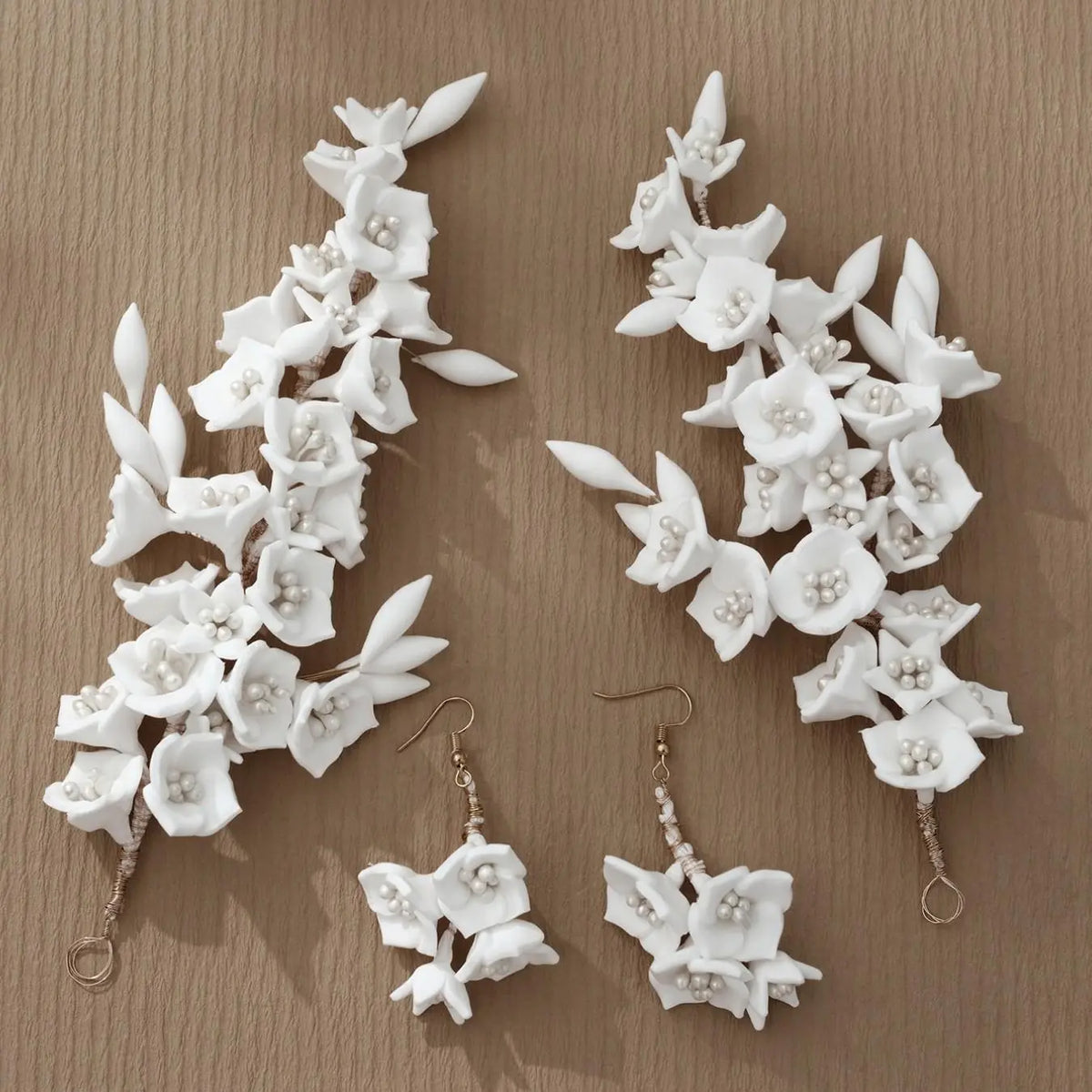 Elegant Handmade Soft Clay Flower Pearl Hair Sticks Earrings Set, Wedding Bridal Accessories for Photography, 4 Piece Forest Style Jewelry