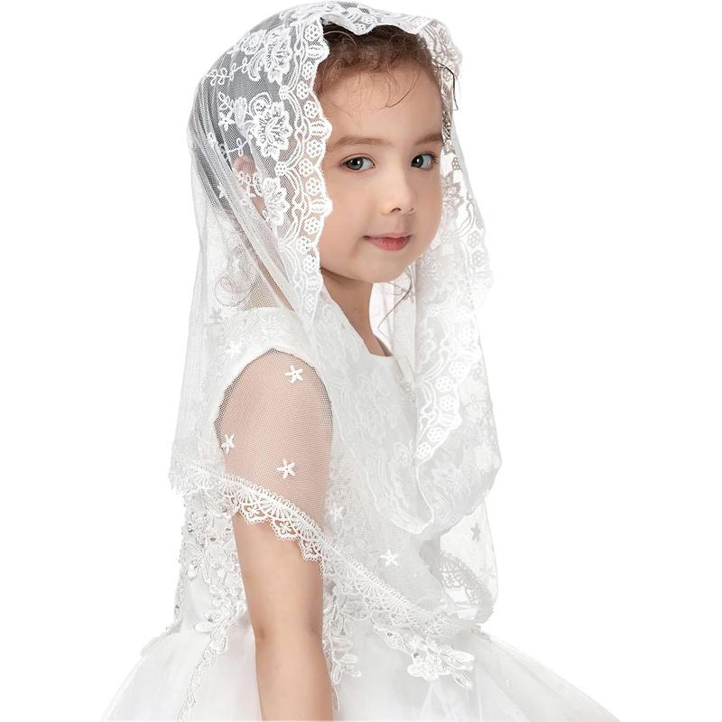 Girls' Infinity Lace Fabric Mantilla Chapel Veil - Catholic Ceremony Accessory for First Communion, Baptism (White D)