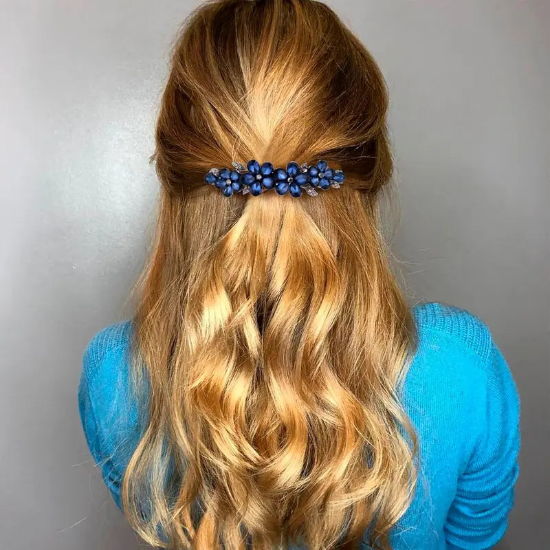 Exquisite rhinestone hairpin, women's bridal hair accessory, sparkling crystal hairpin, wedding, bride, long hair (blue flowers, 1 piece) perfect Christmas gift
