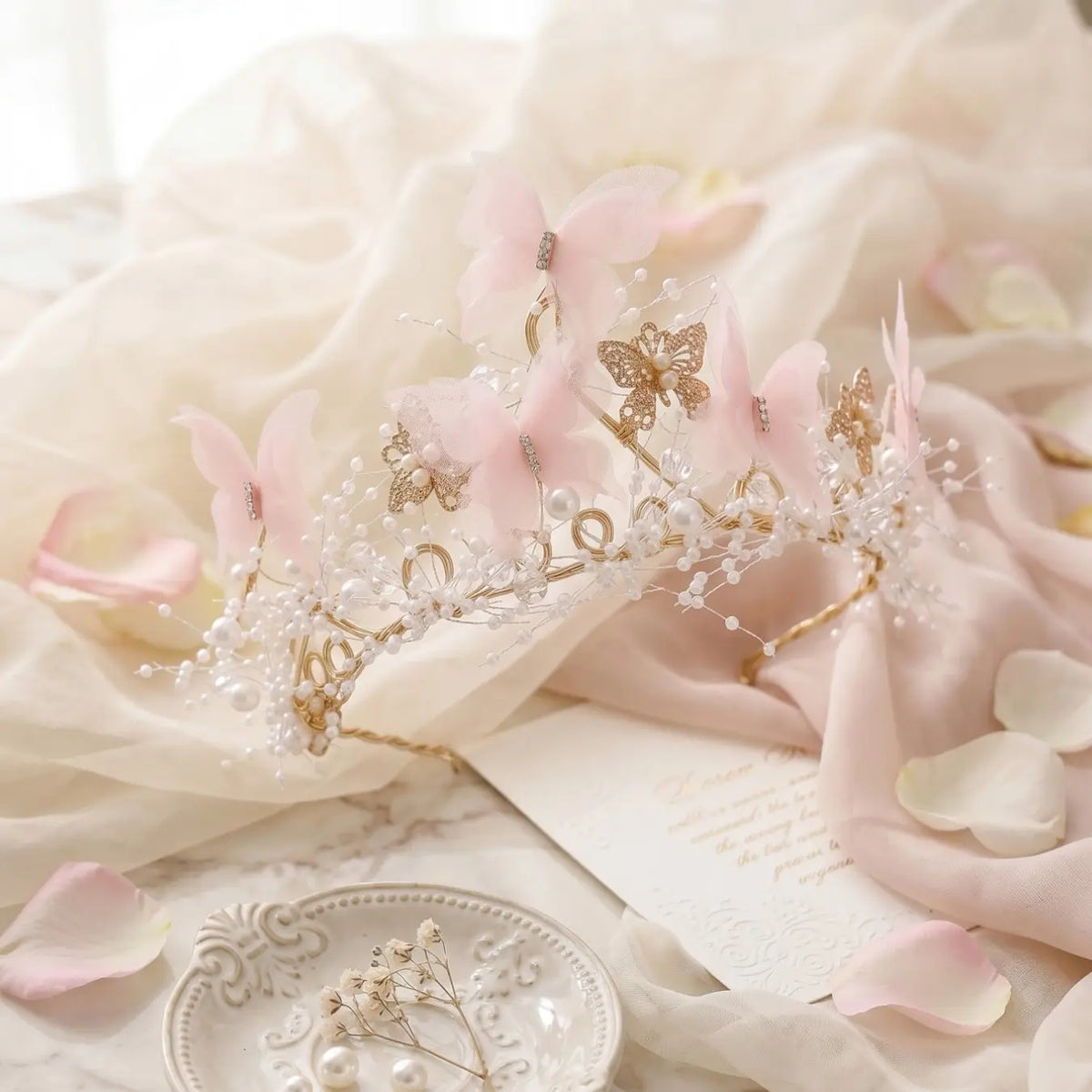 Dreamy Lace Butterfly Crown, Adjustable Rhinestone Artificial Pearl Headband, Wedding Birthday Party Accessory, Boho Style Hair Decor, Bridal Headband
