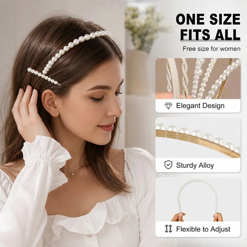 Women's Non-Slip Imitation Pearl Hairband & Clip Set - 5 Pearl Headbands and 5 Hair Clips, Adjustable Band, One Size Fits All, All-Day Wear, Bridesmaids' Wedding Events Fashion Hair Accessories