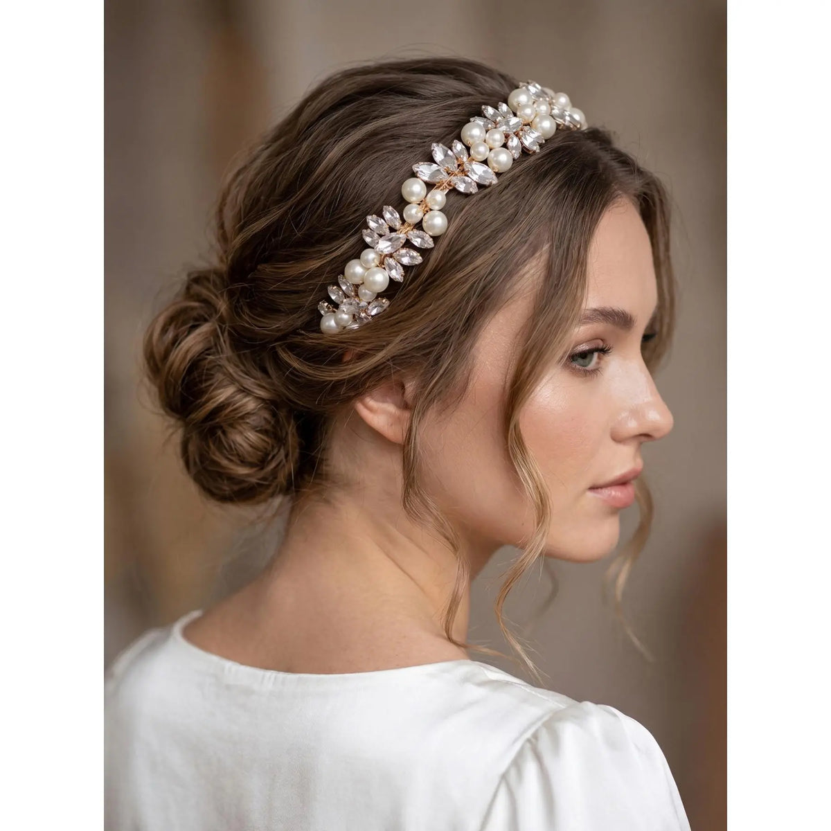 French Vintage Imitation Pearl Rhinestone Hairband, Elegant Bride Wedding Bridesmaid Headpiece, Party Event Evening Hairstyle Accessory
