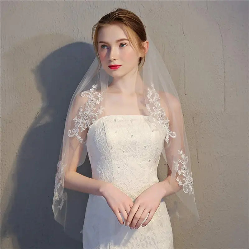 Bridal Veil with Comb - 1 Tier, 90x150cm Ivory Tulle Lace, Exquisite Lightweight Soft Crystal-Beaded Minimalist Wedding Hair Accessory
