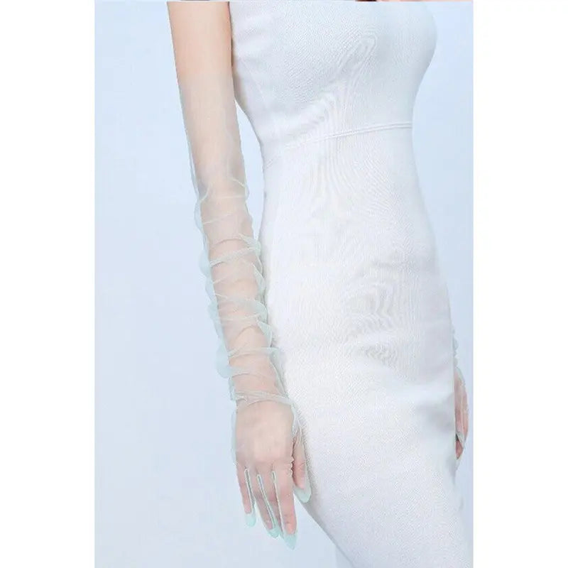 Bridal Over-Elbow Full Finger Gloves - One Size, Ultra-Thin Solid Tulle Fabric, Breathable Loose Fit, Transparent See-Through, for Brides, Formal Events, Proms