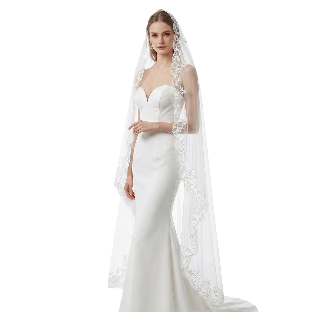 Mantilla Wedding Veil with Lace Edge Fingertip & Waltz Length