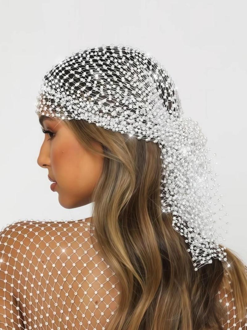 Rhinestone Fishnet Elastic Hairband, Glittering Mesh Veil Headpiece for Women, Bridal Headband, Fashion Accessory for Daily Wedding Party Dance