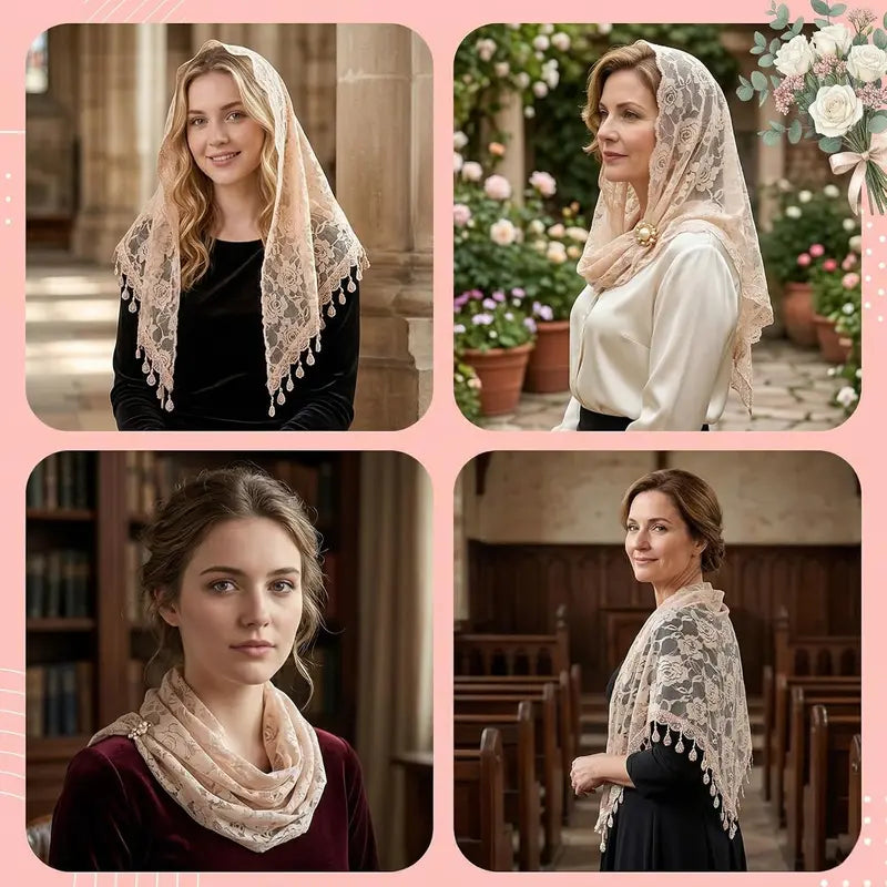 Women's 3-Piece Set Floral Decorated Head Scarves - Catholic Church Ceremony Veils, Mass & Wedding Bridesmaids Headwear