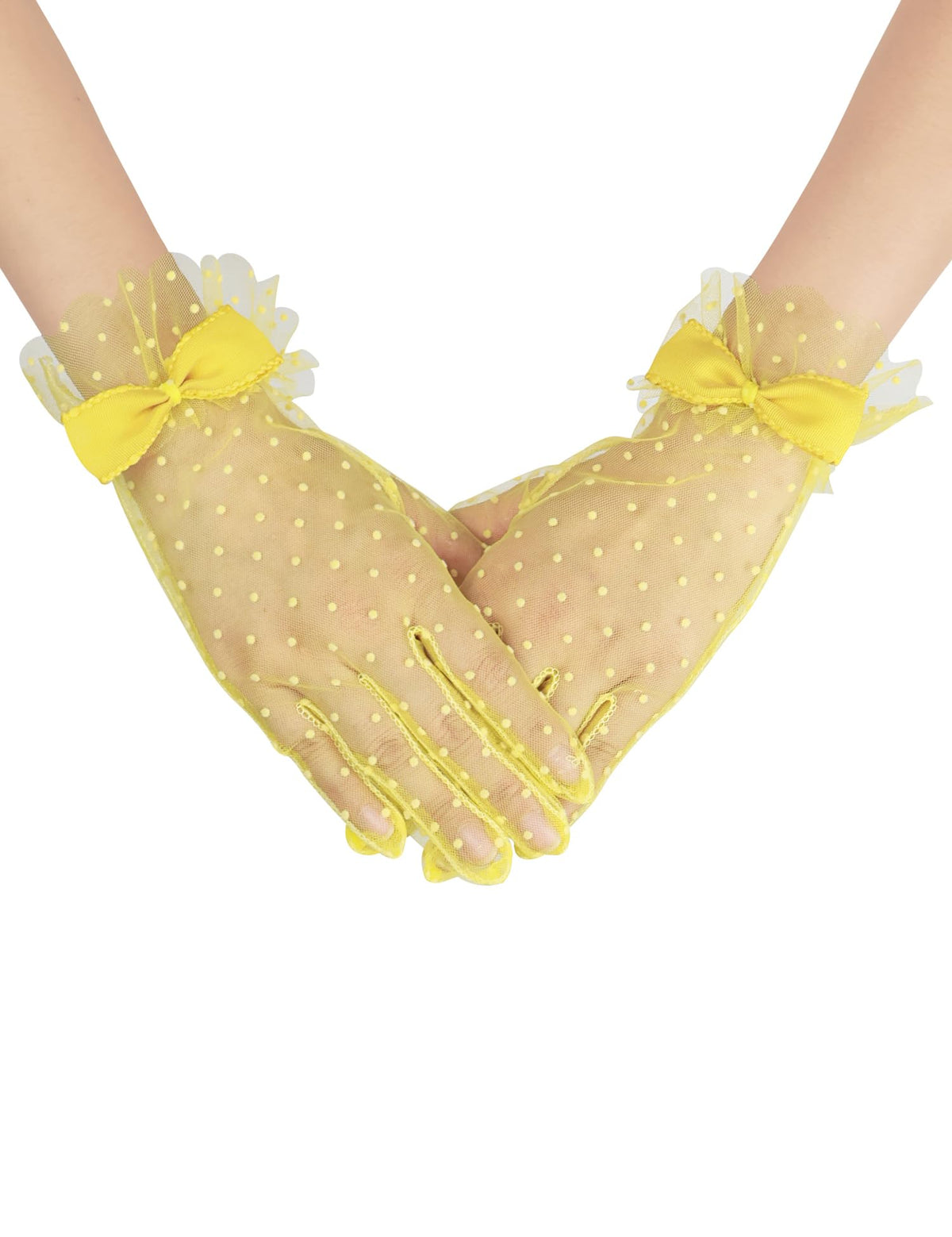 Short Polka Dot Lace Gloves Bow Mesh Tea Party Gloves for Women