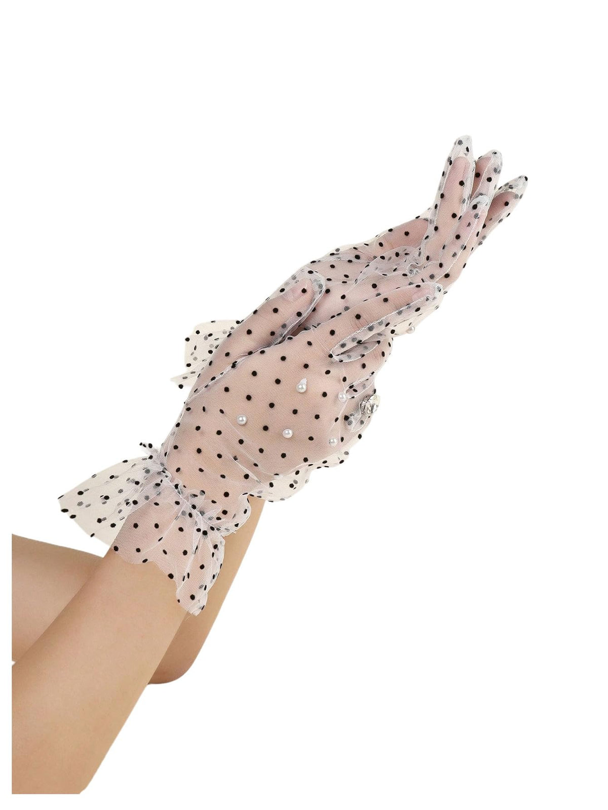 OYOANGLE Women's Lace Gloves Pearls Bridal Sheer Mesh Tea Party Short Glove
