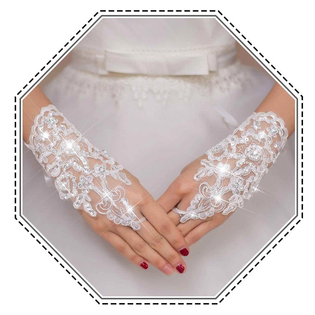 Bride Wedding Short Lace Gloves White Fingerless Rhinestone Gloves Bridal Gloves Accessories for Women