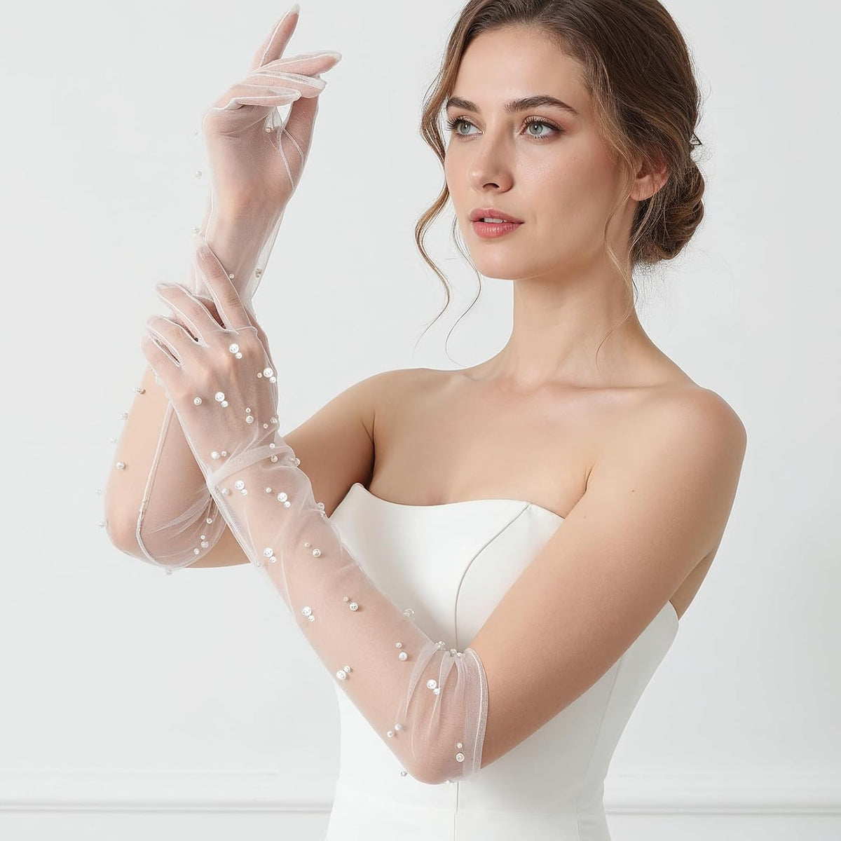 Pearl Long Wedding Gloves Women’s Tulle Bridal Gloves Sheer White Finger Long Bridal Sleeves, Opera Prom Evening Party Costumes for Women