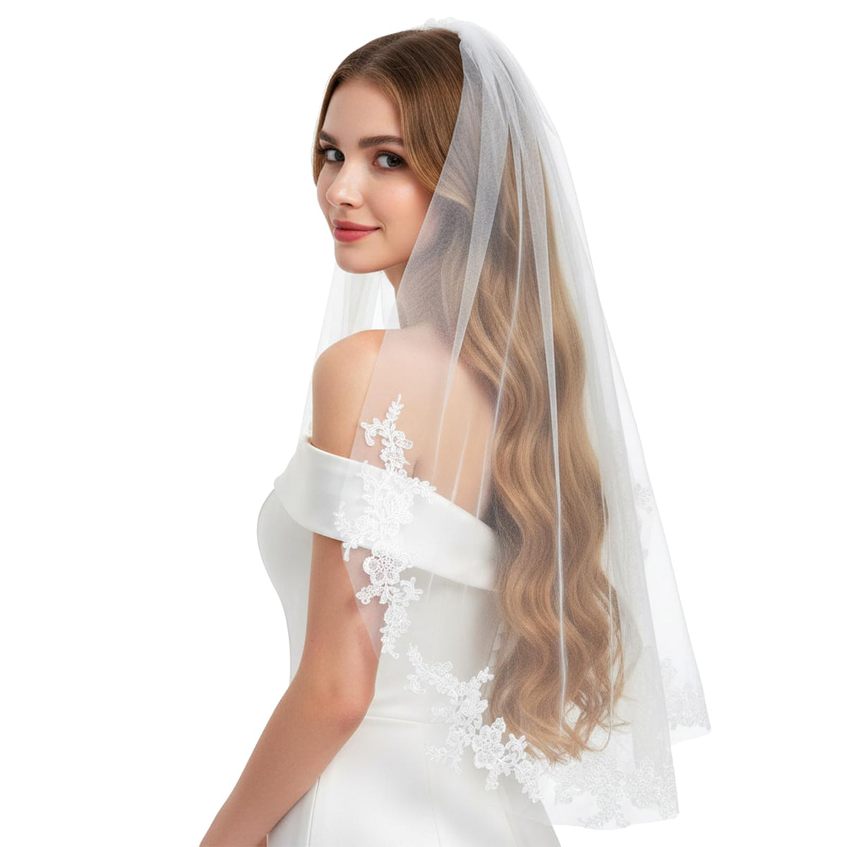 White Wedding Bridal Veil with Comb, 1 Tier Floral Edge Bridal Tulle Veil Lace Wedding Veils