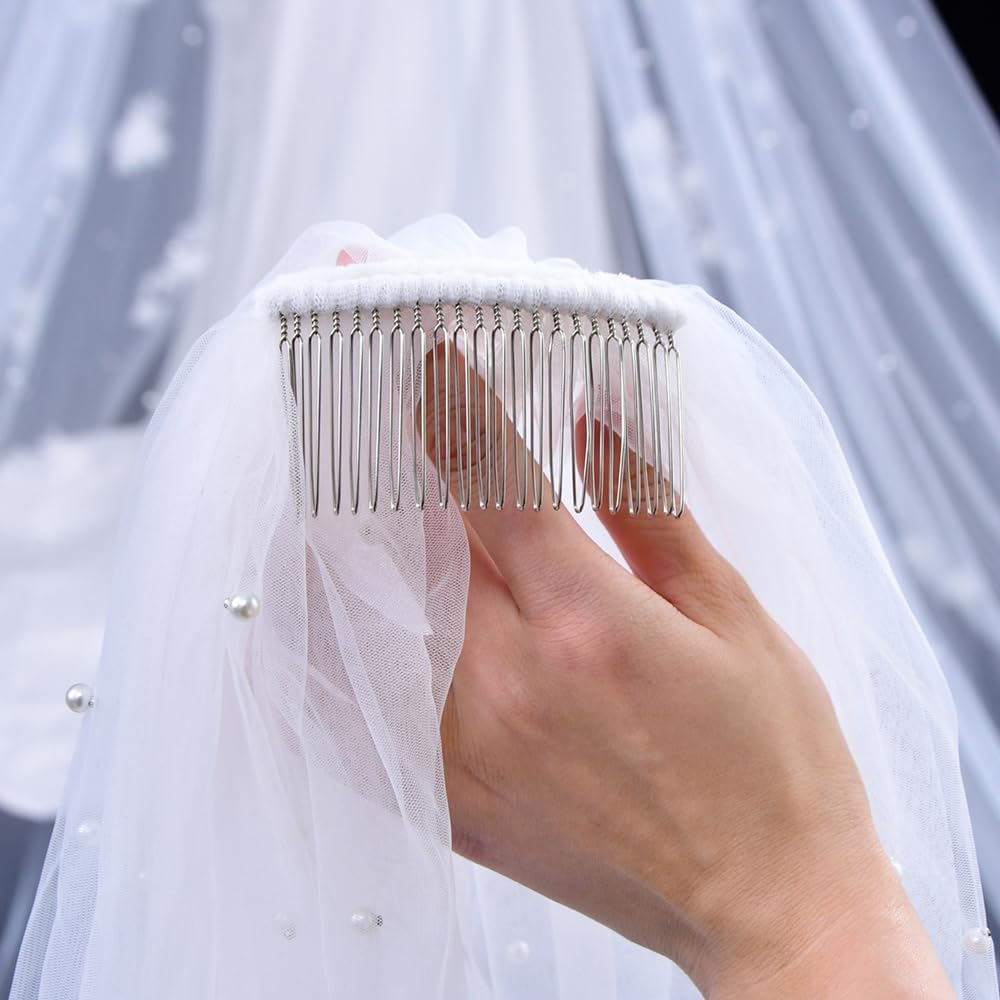 JEWSUN Pearls Bridal Veil Wedding Veil 1 Tier with Tulle-Wrapped Metal Comb Pencil Edge