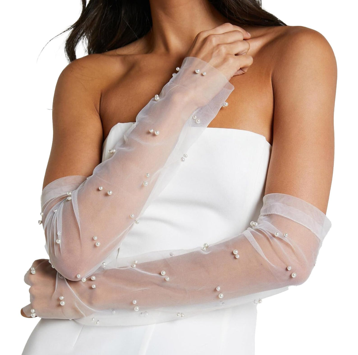 Long Pearl Wedding Gloves Tulle Bridal Gloves Wedding Detachable Sleeves Sleeves Elbow Length Summer Fingerless Glove