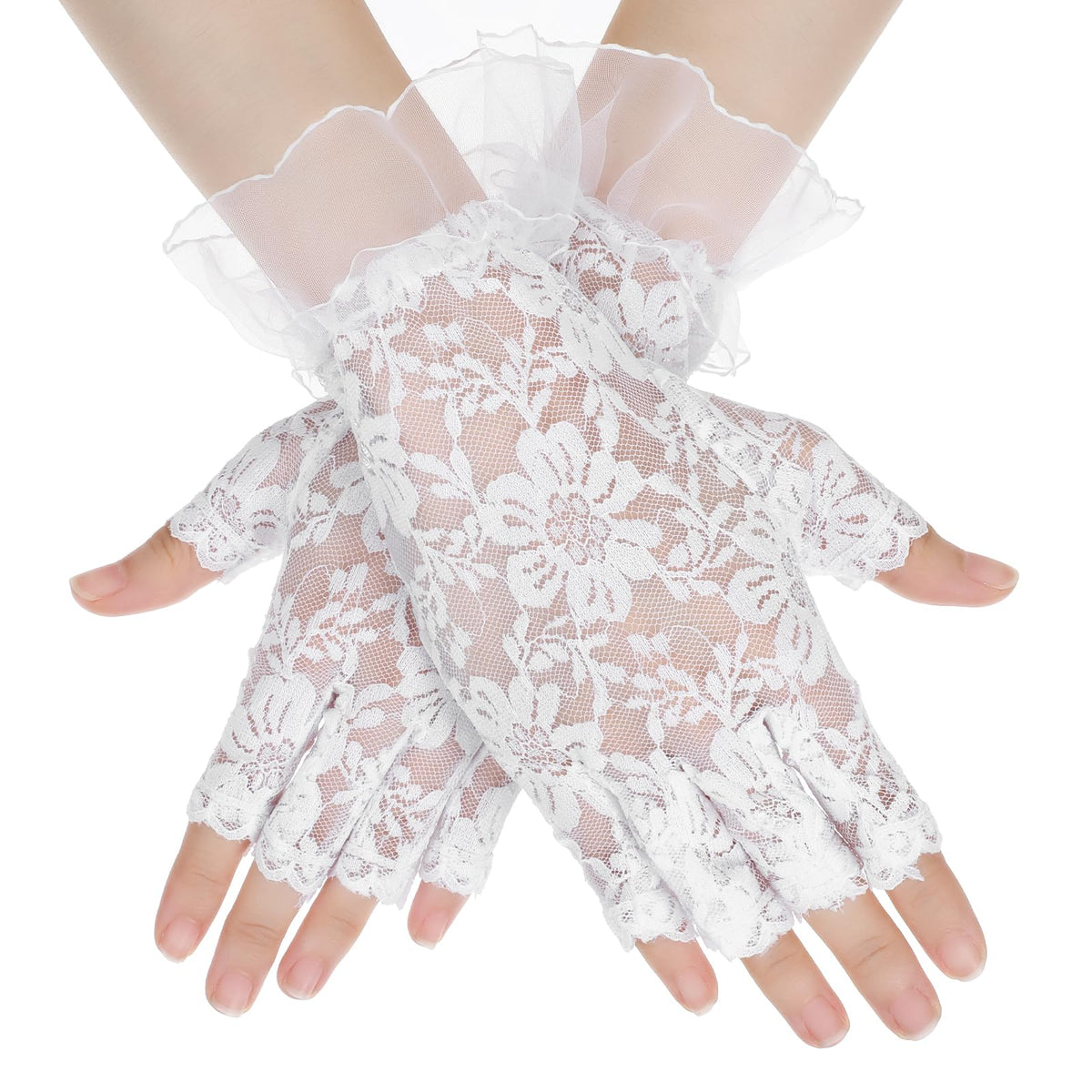Xinjoduz 1 Pair White Lace Gloves, Womens Short Floral Fingerless Gloves for Women