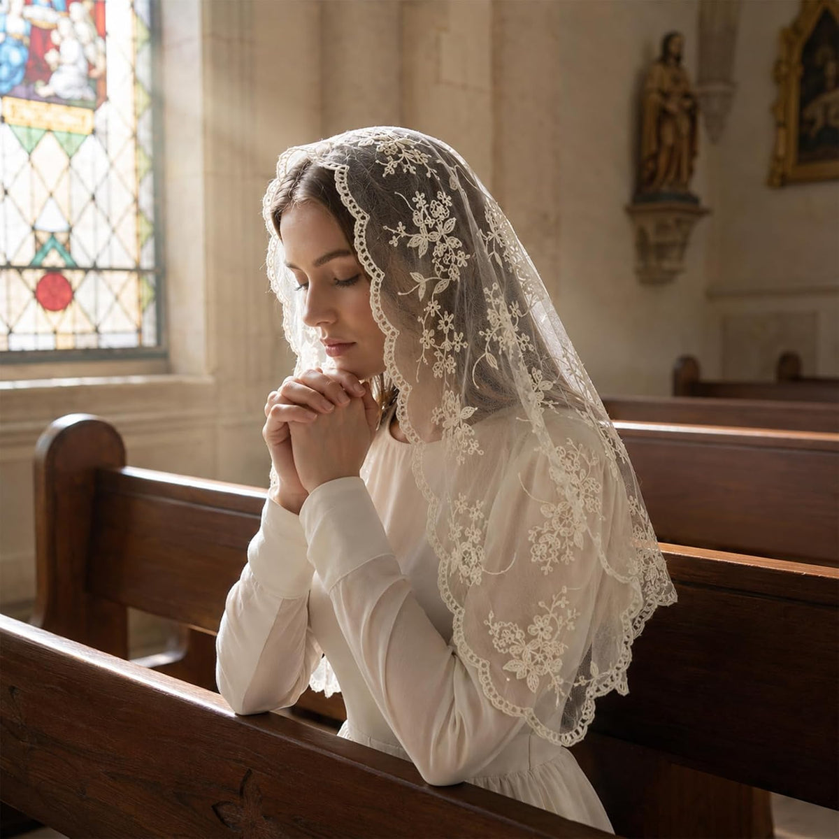 Triangle Veil Mass Mantilla Veils with Lace Edge for Church Wedding