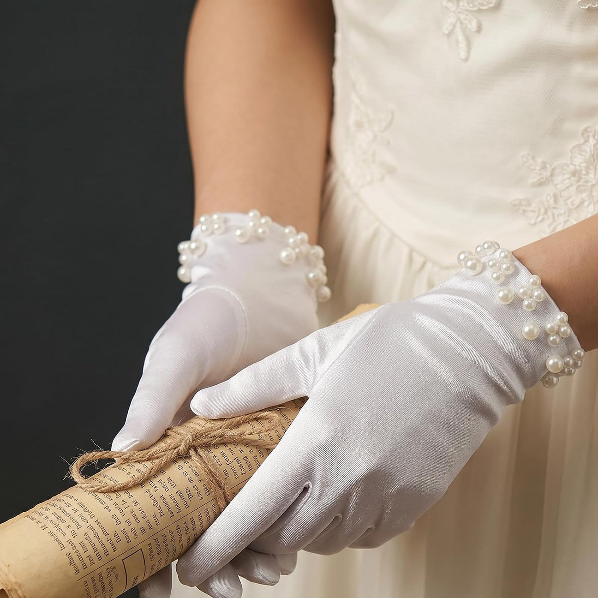Elegant Satin Gloves Tea Party Gloves Wrist Pearl Dress Glove Women's Pearl Wedding Bridal Glove, Short White Glovess for Women