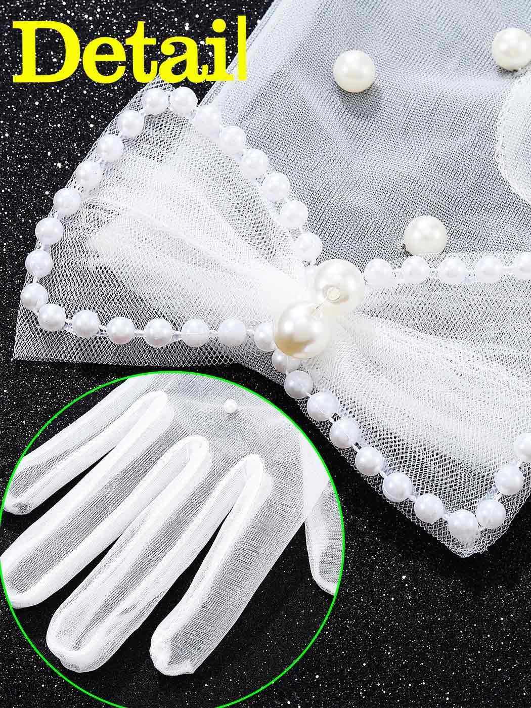 White Pearl Sheer Gloves Tea Party Tulle Bridal Bow Glove for Women