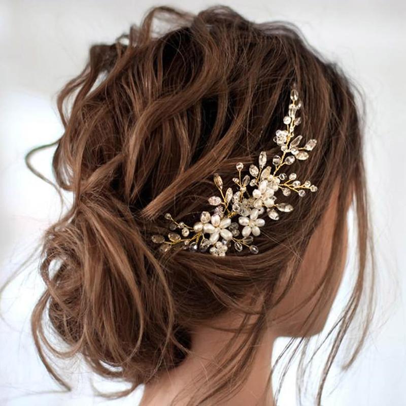 Women's Beautiful Dainty Silver Pearl Bridal Head Comb - Adjustable Size Alloy Wire Accessory for Bridal Shower, Wedding Ceremony (HC034, 1 Silver)