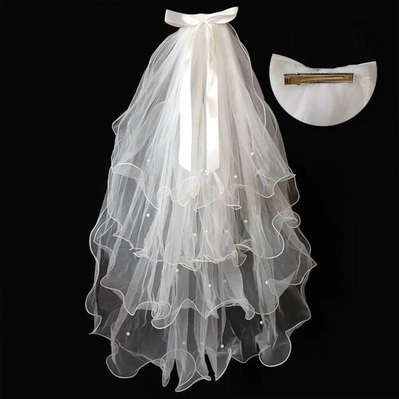 Bride's 4-Layer Wedding Head Gauze, Soft Tulle Curled Veil with Bowknot Ribbon, 60-80cm White Mesh Alloy Hair Accessory Headpiece