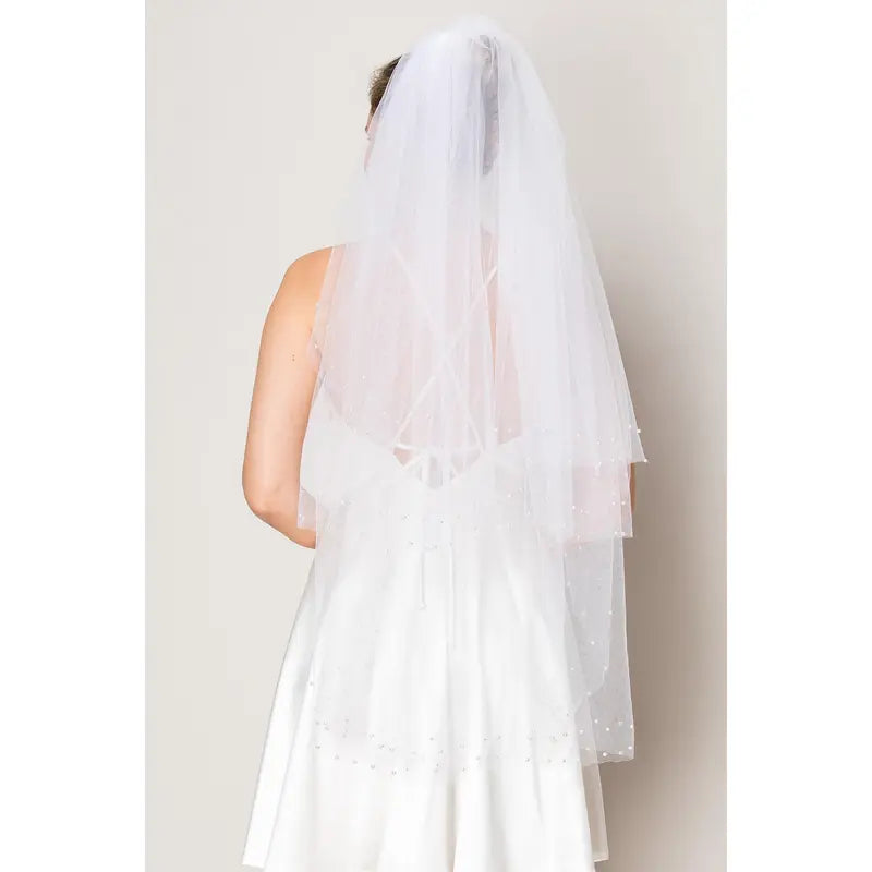 Angela Three Layer Scattered Crystal Pearl Hip Length Wedding Veil