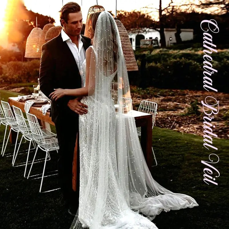 Ursumy Pearl Wedding Veils Flower Cathedral Bridal Veil 118’’ Veils for Brides 1 Tier Fingertip Length Drop Veil Hair Comb