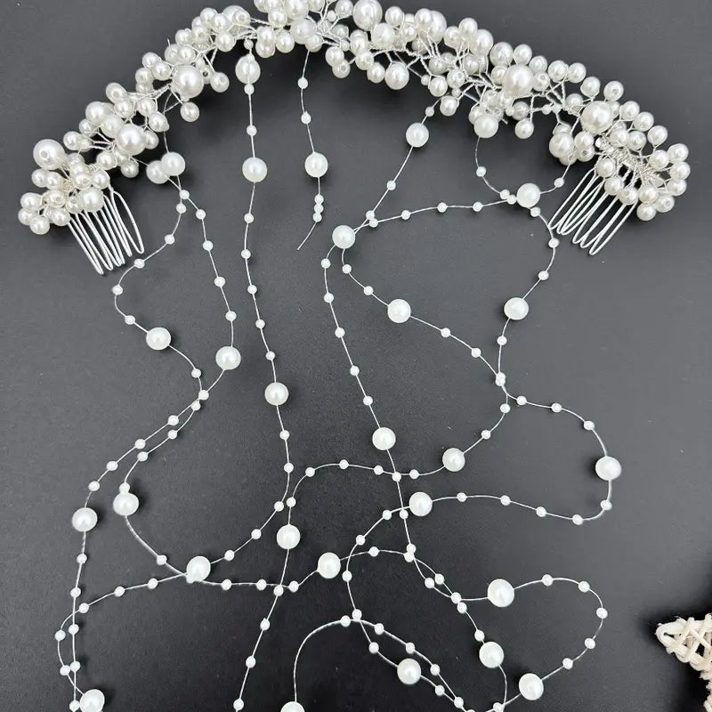 Handmade Pearl-Tassel Insert Comb with Wavy Hair Band Garland - Glam Wedding Ceremony Bride's Hair Decor, Home Decor Accent, Tassels