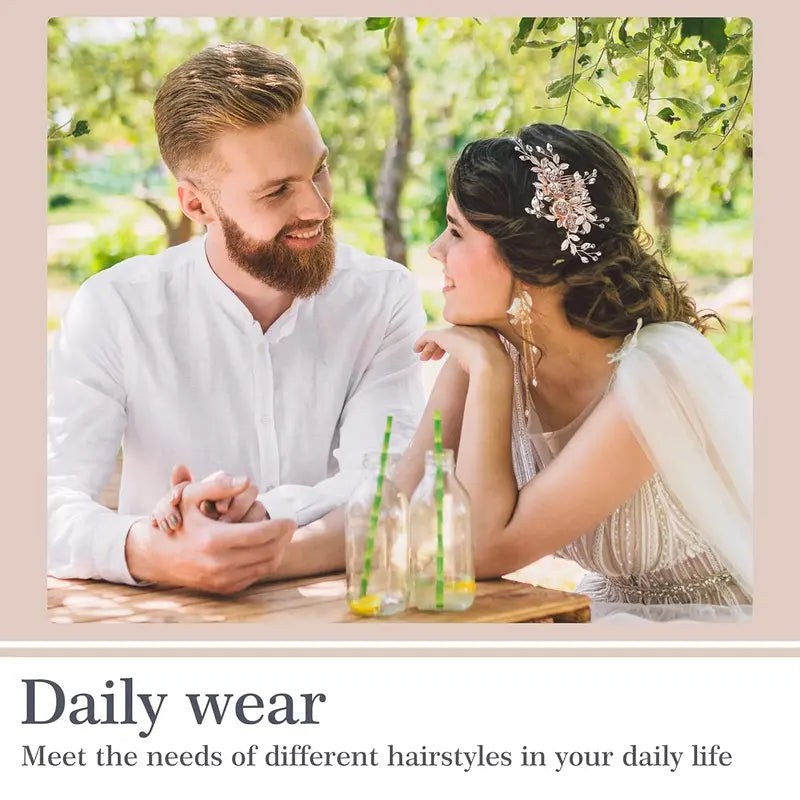 4 PCS Bridal Rose Gold Hair Accessories for Brides and Bridesmaids Rhinestone Hair Pins Crystal Flower Barrette Wedding Combs with Leaves sohochic
