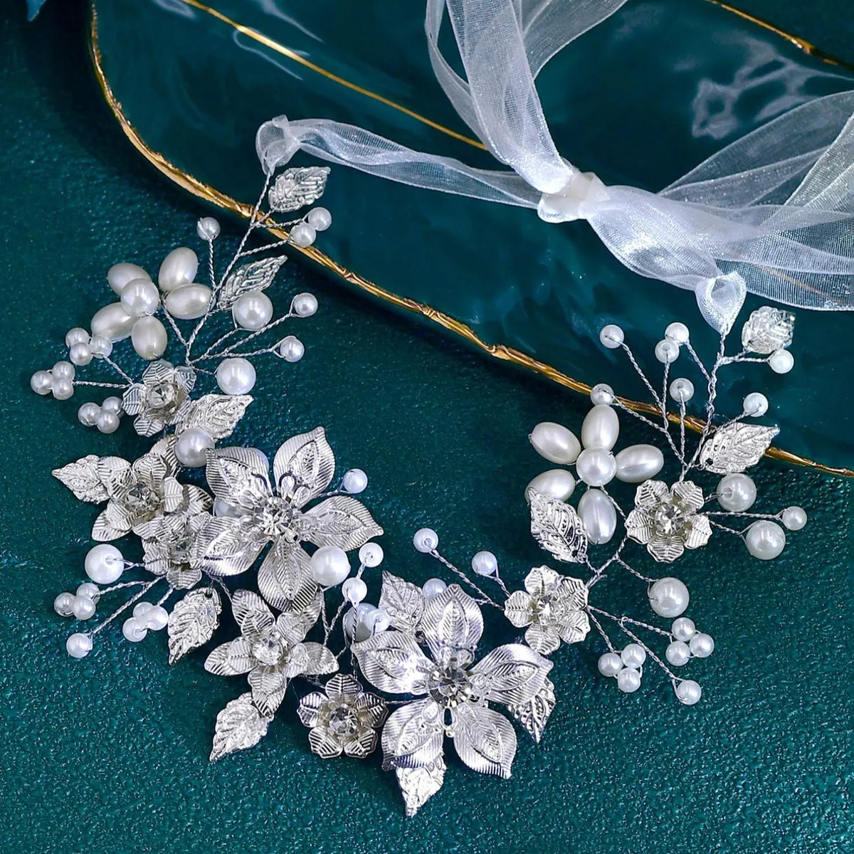 Faux Pearl & Rhinestone Decorated Headband, Elegant Leaf & Flower Design Headband for Wedding Bridal Party Formal Occasions, Fashion Accessories for Women, Tiara