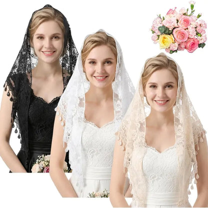 Women's 3-Piece Set Floral Decorated Head Scarves - Catholic Church Ceremony Veils, Mass & Wedding Bridesmaids Headwear