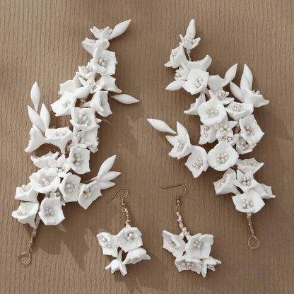 Elegant Handmade Soft Clay Flower Pearl Hair Sticks Earrings Set, Wedding Bridal Accessories for Photography, 4 Piece Forest Style Jewelry