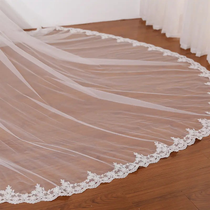 Extra wide wedding  bridal veil, Ivory lace bridal veil, Handmade cathedral wedding veil, Small flowery veil, Retro church veil, Elegant tulle veil for wedding dress