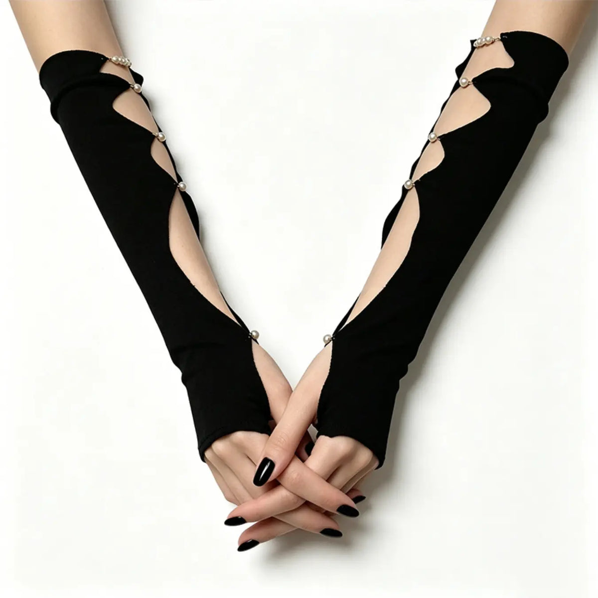 Hollow-out Sexy Arm Sleeves with Pearls for Subculture, Niche Y2K & Dark Gothic Thin Gloves