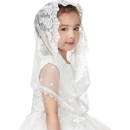 Girls' Infinity Lace Fabric Mantilla Chapel Veil - Catholic Ceremony Accessory for First Communion, Baptism (White D)