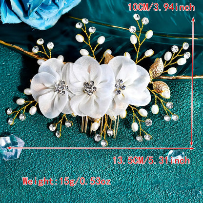Women's Elegant Bridal Hair Comb with Faux Pearls & Flowers Decoration, Perfect for Wedding Party Photography Accessories