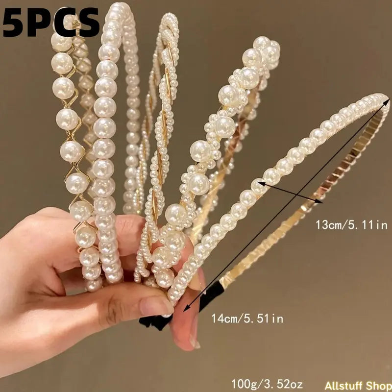 Women's 5-Piece One Size Faux Pearl Metal Headbands - Sports & Outdoor Clothing Fashion Headwear for Daily, Bridal Styling