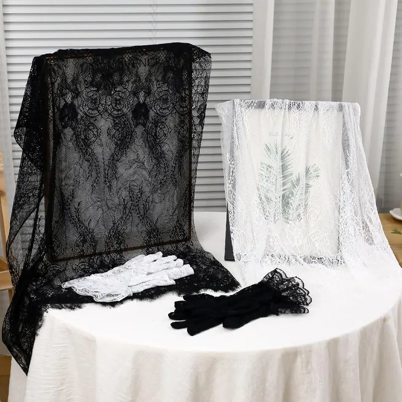 4 Pcs Spanish Infinity Veils for Church with Gloves Catholic Lace Traditional Vintage Mantilla Bridal Wedding Head Covering Set White Black Latin Mass Veils for Christian Halloween