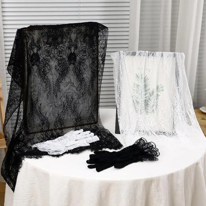 4 Pcs Spanish Infinity Veils for Church with Gloves Catholic Lace Traditional Vintage Mantilla Bridal Wedding Head Covering Set White Black Latin Mass Veils for Christian Halloween