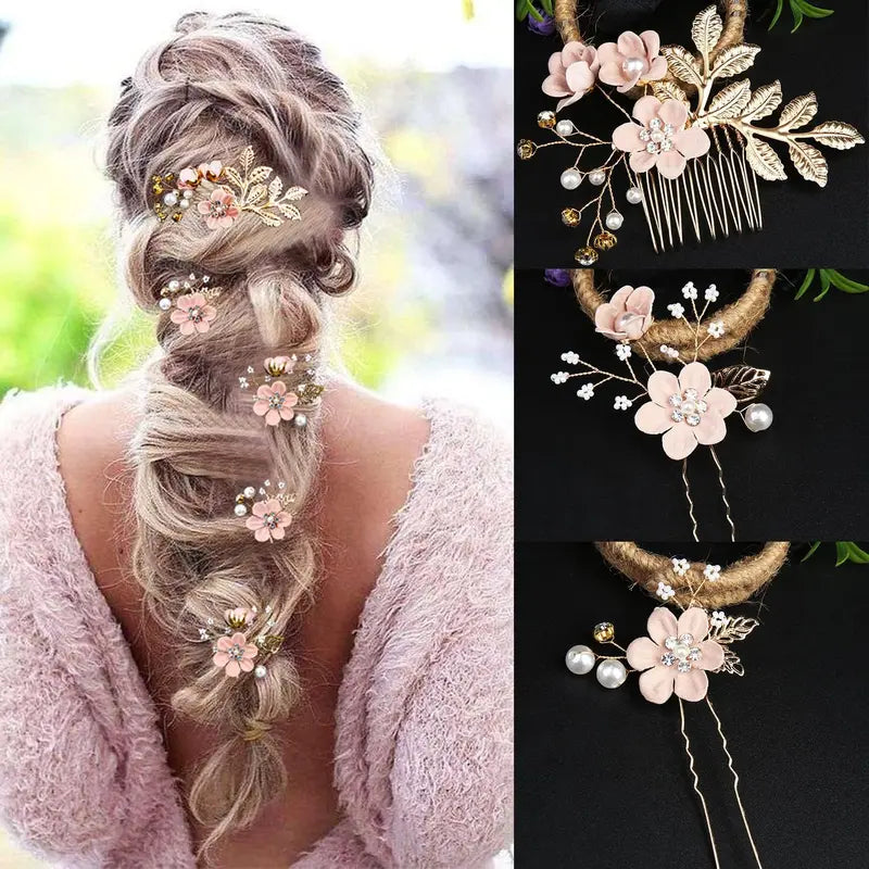 5 pieces of elegant pink bridal hair accessories - crystal pearl hair comb and hairpin, suitable for bridal hairstyles, engagement styles, dances, parties