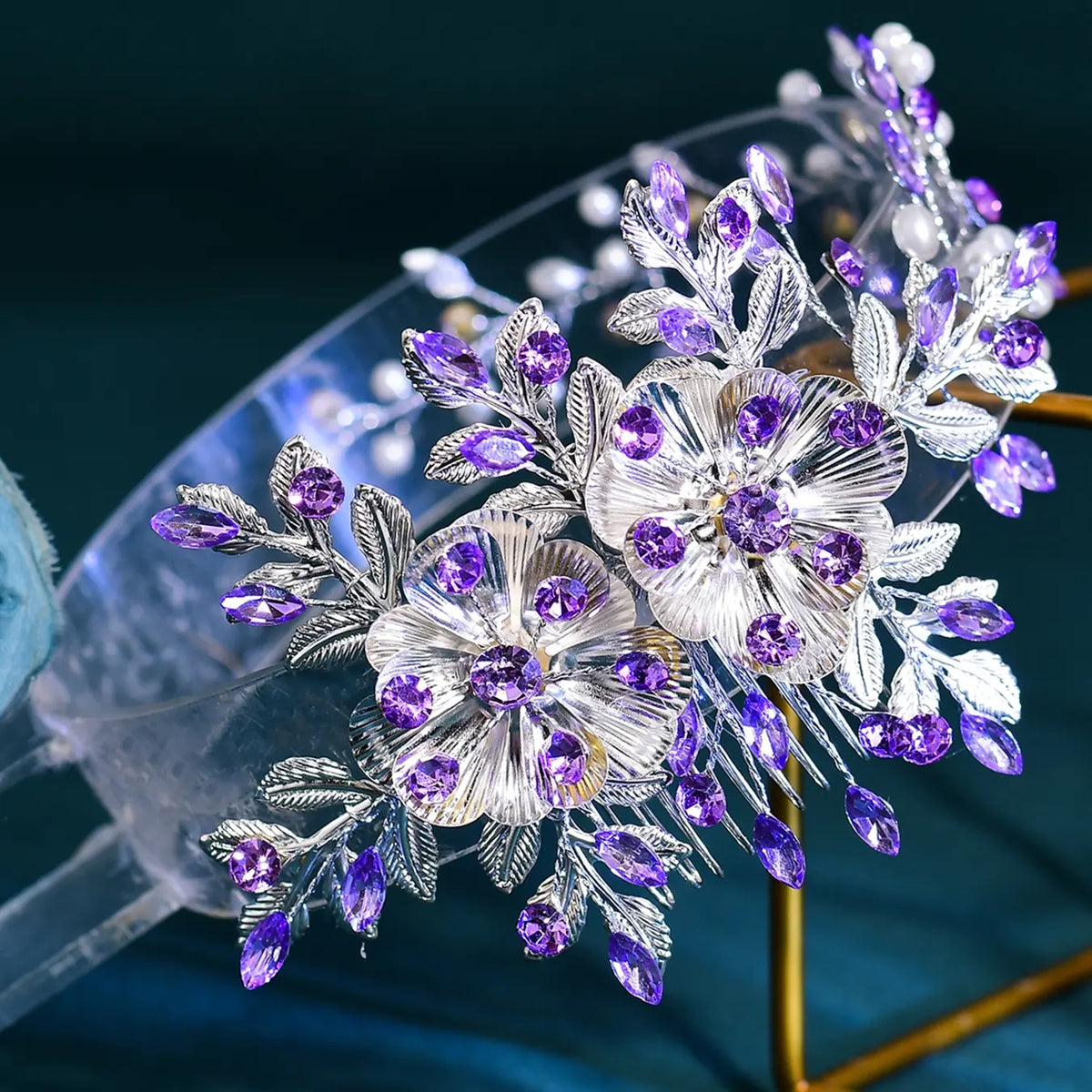 Luxury Alloy Flower Headband for Women, Bridal Party Accessory with Faux Pearls & Rhinestones, Elegant Wedding Hair Decor