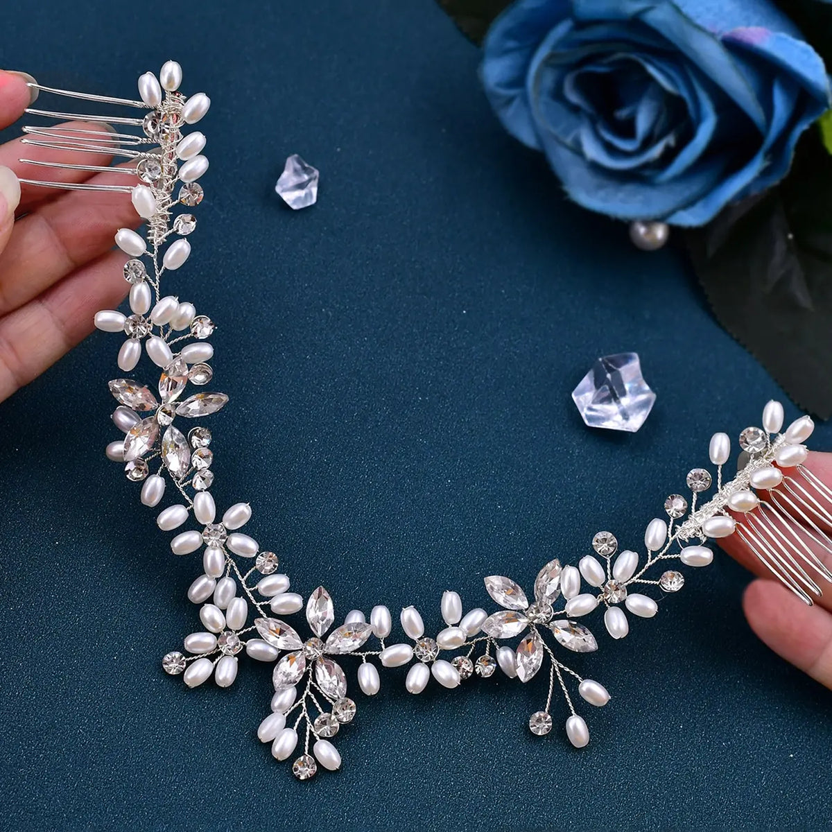 Women's Pearl Rhinestone Hair Comb Boho Style Bridal Wedding Party Dance Headpiece, Ditsy Floral Design, All Seasons Accessory, Bridal Headwear