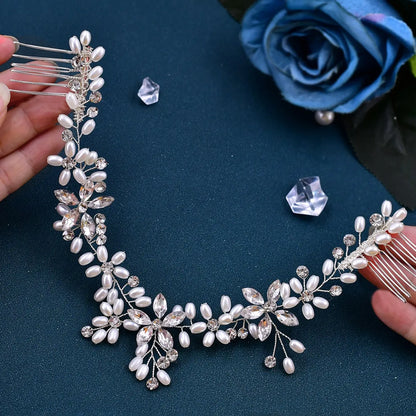 Women's Pearl Rhinestone Hair Comb Boho Style Bridal Wedding Party Dance Headpiece, Ditsy Floral Design, All Seasons Accessory, Bridal Headwear