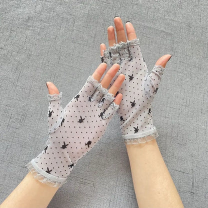 Women's Thin Premium Black Half-Finger Lace Gloves with Exposed Fingertips, Delicate Five-Finger Design for Summer Driving, UV Protection, Mesh Fabric