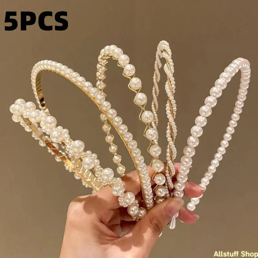 Women's 5-Piece One Size Faux Pearl Metal Headbands - Sports & Outdoor Clothing Fashion Headwear for Daily, Bridal Styling
