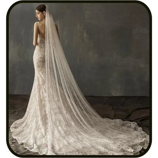 Ursumy Pearl Wedding Veils Flower Cathedral Bridal Veil 118’’ Veils for Brides 1 Tier Fingertip Length Drop Veil Hair Comb