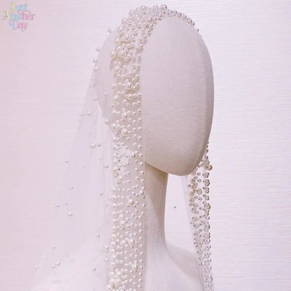 Luxury Pearl Embellished Bridal Veil, Elegant Beaded Long Tulle Wedding Veil, Sheer Face-Covering Veil for Wedding, Photoshoot & Bridal Accessories