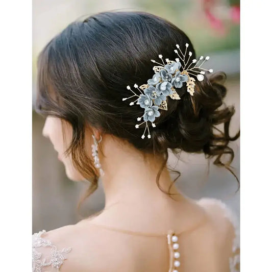 Women's 20-Pack Handmade Dusty Blue Bridal Hair Accessories Set - Unique Ceremony & Dance DIY Hairstyles Classy Flower Side Combs, Floral Hair Pins, Twist Pearl Spiral Clips, Tiara (Formal Prom Headpieces)