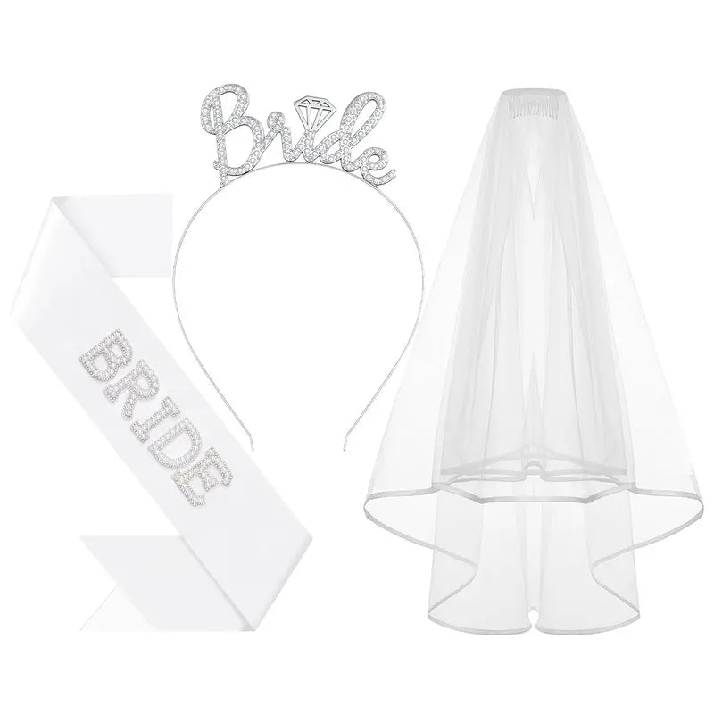 Bride to Be Headband Set Bridal Hair Accessories for Women - 3pcs Silver Headband, Sash and Veil for Bachelorette Party, Flexible Metal Frame with Dual Hoops and Comb Slip-Proof Contouring Party Decor