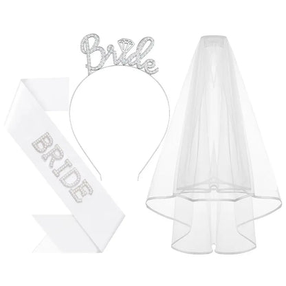 Bride to Be Headband Set Bridal Hair Accessories for Women - 3pcs Silver Headband, Sash and Veil for Bachelorette Party, Flexible Metal Frame with Dual Hoops and Comb Slip-Proof Contouring Party Decor
