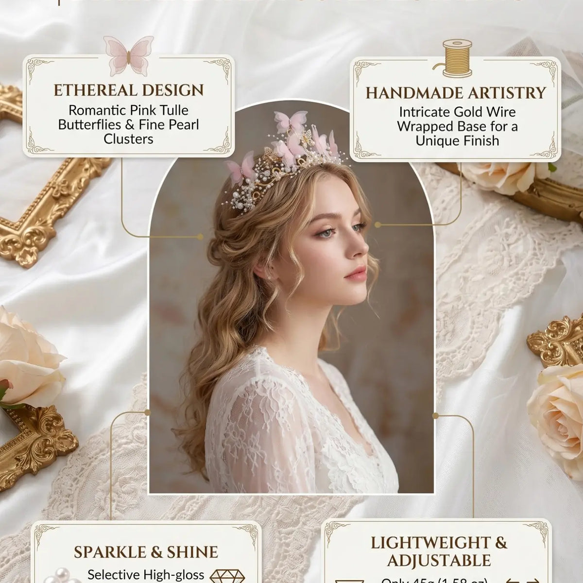 Dreamy Lace Butterfly Crown, Adjustable Rhinestone Artificial Pearl Headband, Wedding Birthday Party Accessory, Boho Style Hair Decor, Bridal Headband